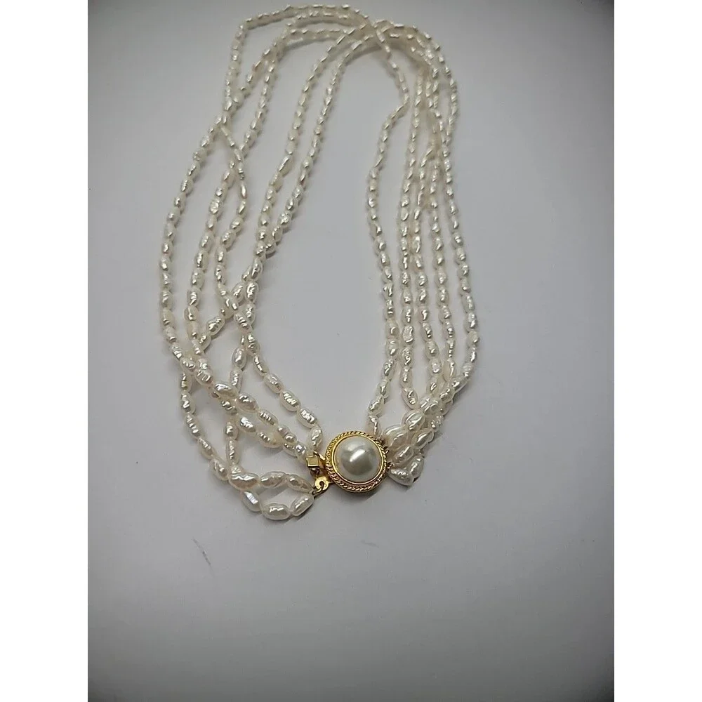 Vintage Necklace Multi Strand Beaded Gold Tone‎ White Bead Slide Clasp Jewelry